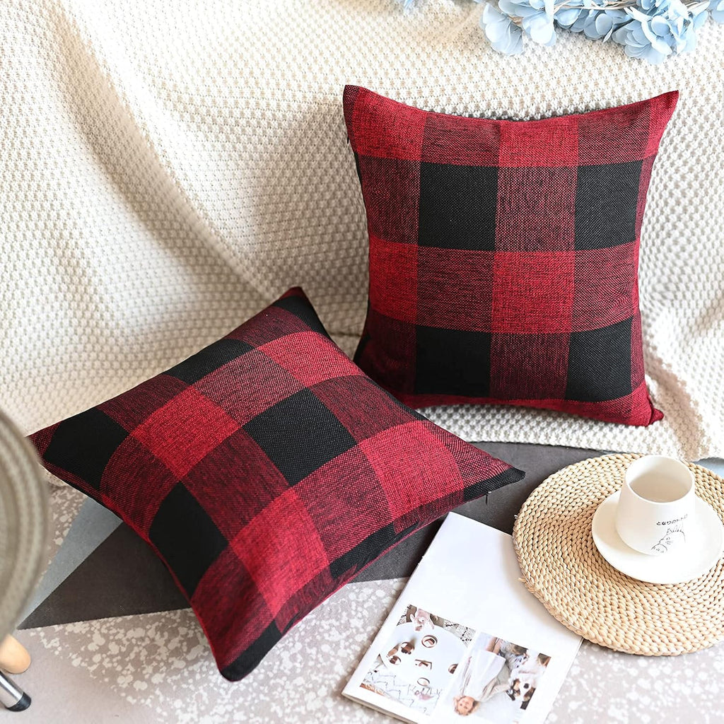 Set of 2 Christmas Buffalo Check Plaid Pillow Covers, 18 X 18 Inches Red and Black Farmhouse Pillow Cases, Cotton Linen Throw Pillow Covers Cushion Case for Home Decor Car Bed Sofa Couch