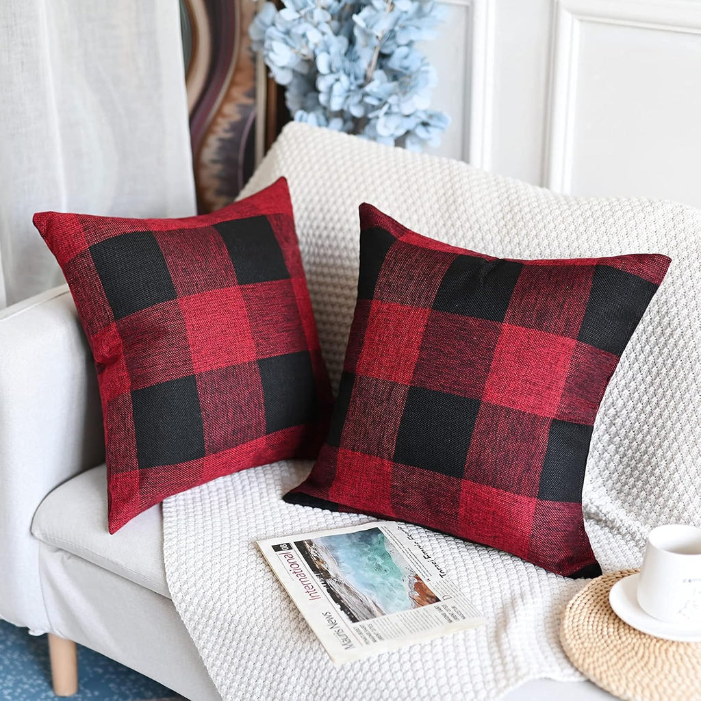 Set of 2 Christmas Buffalo Check Plaid Pillow Covers, 18 X 18 Inches Red and Black Farmhouse Pillow Cases, Cotton Linen Throw Pillow Covers Cushion Case for Home Decor Car Bed Sofa Couch
