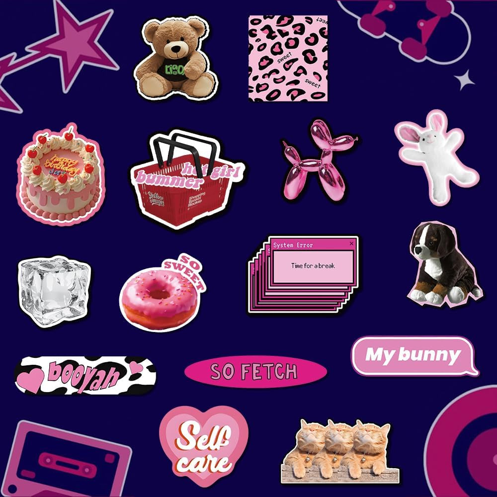 Y2K Stickers for Women and Teens, Retro Aesthetic Party Supplies, Waterproof Vinyl Stickers for Water Bottles and Laptop, 55PCS