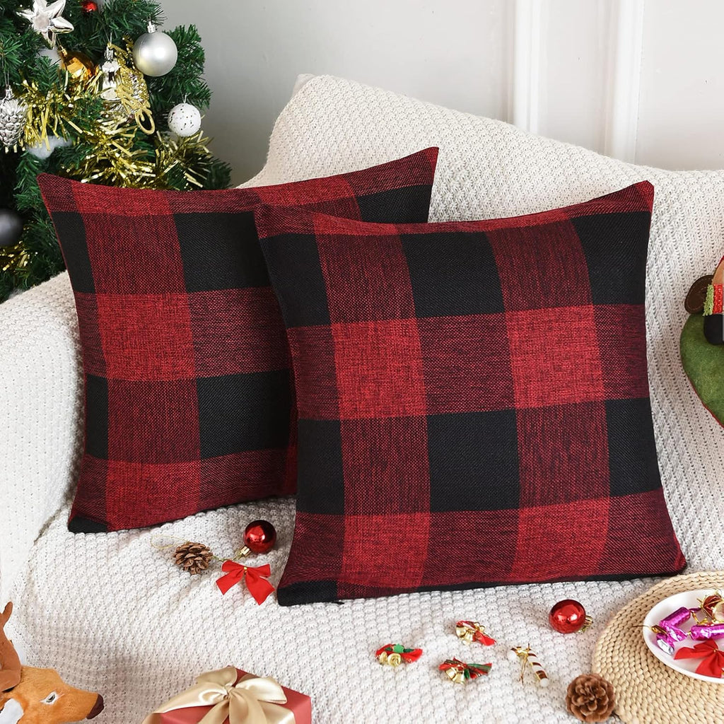 Set of 2 Christmas Buffalo Check Plaid Pillow Covers, 18 X 18 Inches Red and Black Farmhouse Pillow Cases, Cotton Linen Throw Pillow Covers Cushion Case for Home Decor Car Bed Sofa Couch