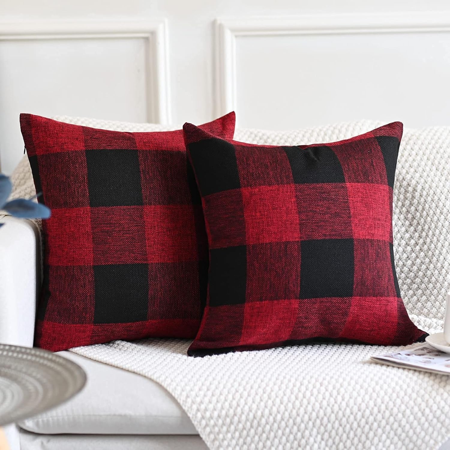 Set of 2 Christmas Buffalo Check Plaid Pillow Covers, 18 X 18 Inches Red and Black Farmhouse Pillow Cases, Cotton Linen Throw Pillow Covers Cushion Case for Home Decor Car Bed Sofa Couch