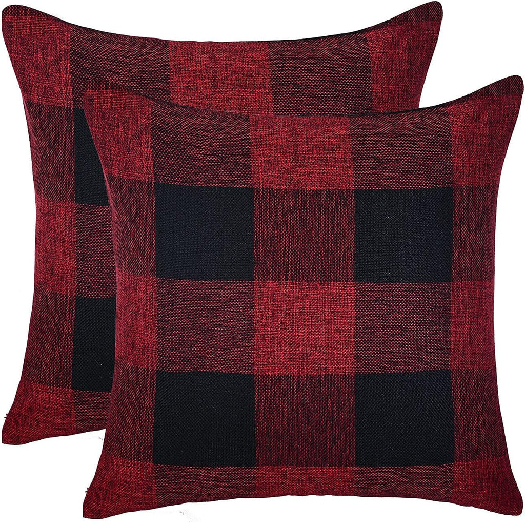 Set of 2 Christmas Buffalo Check Plaid Pillow Covers, 18 X 18 Inches Red and Black Farmhouse Pillow Cases, Cotton Linen Throw Pillow Covers Cushion Case for Home Decor Car Bed Sofa Couch