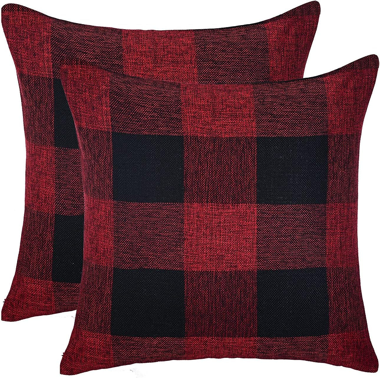 Set of 2 Christmas Buffalo Check Plaid Pillow Covers, 18 X 18 Inches Red and Black Farmhouse Pillow Cases, Cotton Linen Throw Pillow Covers Cushion Case for Home Decor Car Bed Sofa Couch