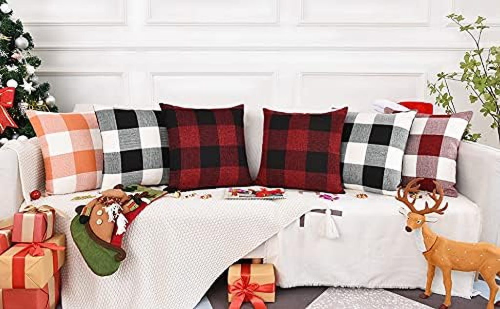 Set of 2 Christmas Buffalo Check Plaid Pillow Covers, 18 X 18 Inches Red and Black Farmhouse Pillow Cases, Cotton Linen Throw Pillow Covers Cushion Case for Home Decor Car Bed Sofa Couch