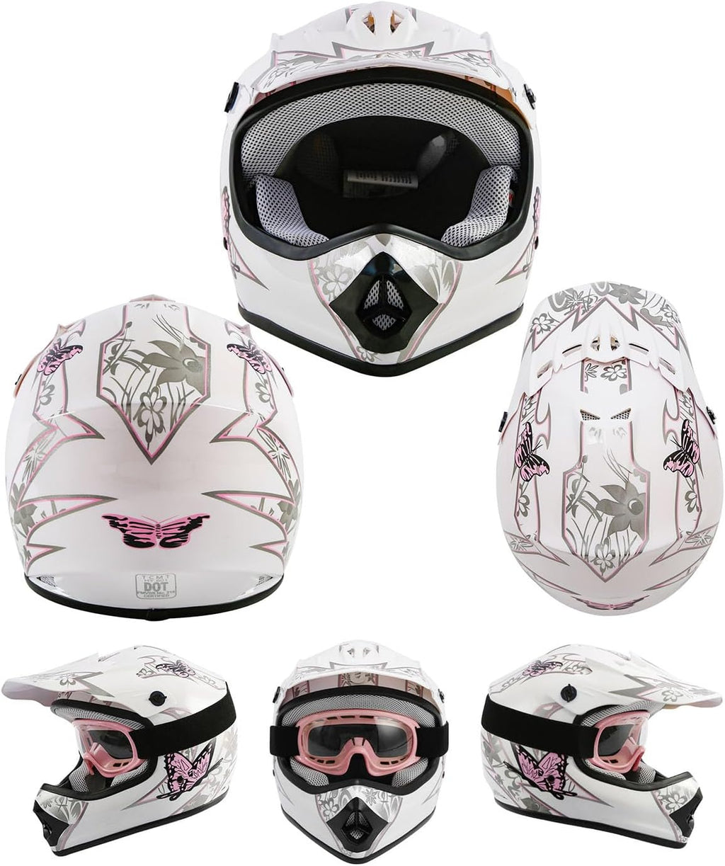 DOT Youth Kids Dirt Bike Full Face Helmets Motocross ATV Offroad Four Wheeler Helmet Pink Butterfly Medium Size